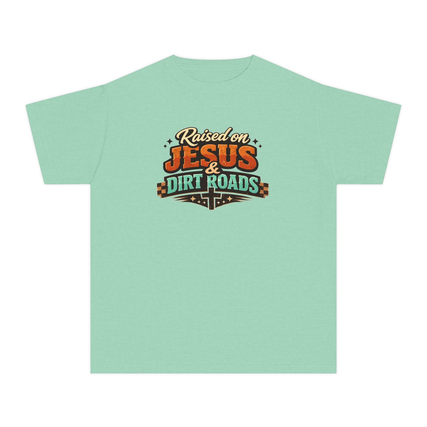 Youth Tee - "Raised on Jesus & Dirt Roads" Christian Country Graphic Shirt