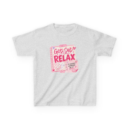 Kids Tee — "God Said Relax" Pink Faith Graphic