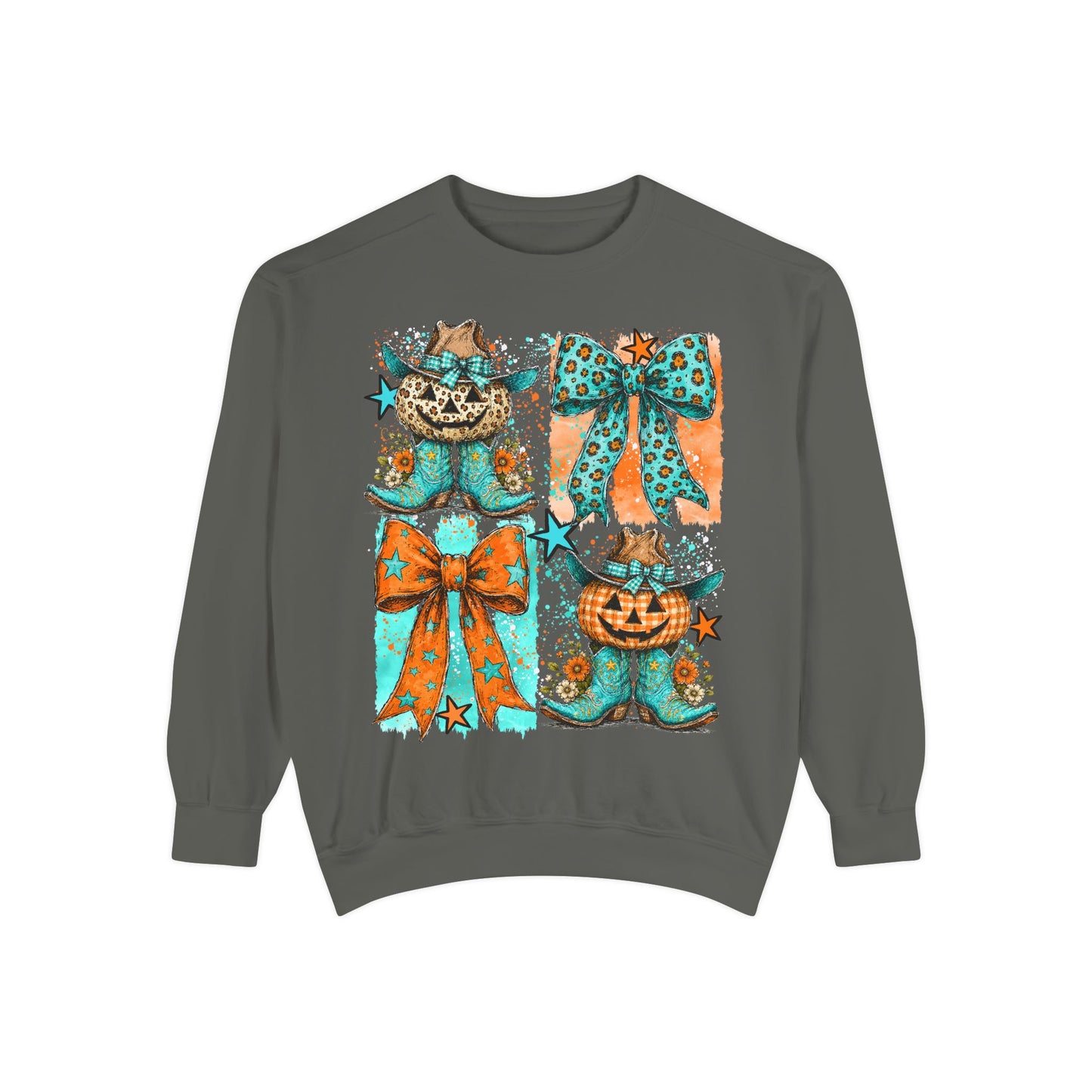 Halloween Cat & Pumpkin Bow Sweatshirt — Cute Teal Orange Fall Graphic
