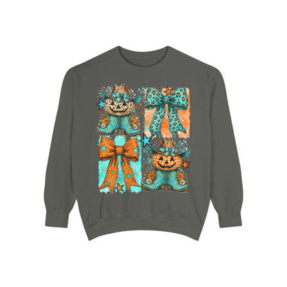 Halloween Cat & Pumpkin Bow Sweatshirt — Cute Teal Orange Fall Graphic