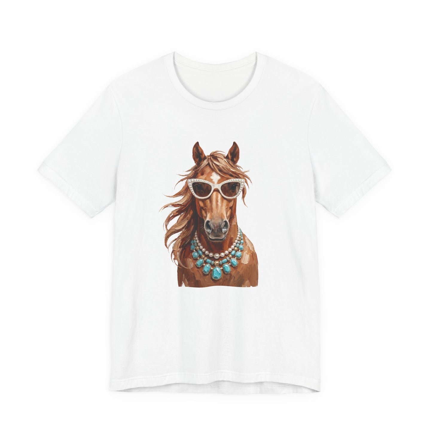 Horse Portrait T‑Shirt — Chic Horse in Sunglasses & Turquoise Necklace
