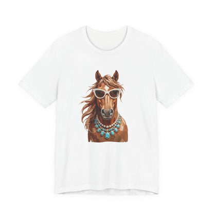 Horse Portrait T‑Shirt — Chic Horse in Sunglasses & Turquoise Necklace