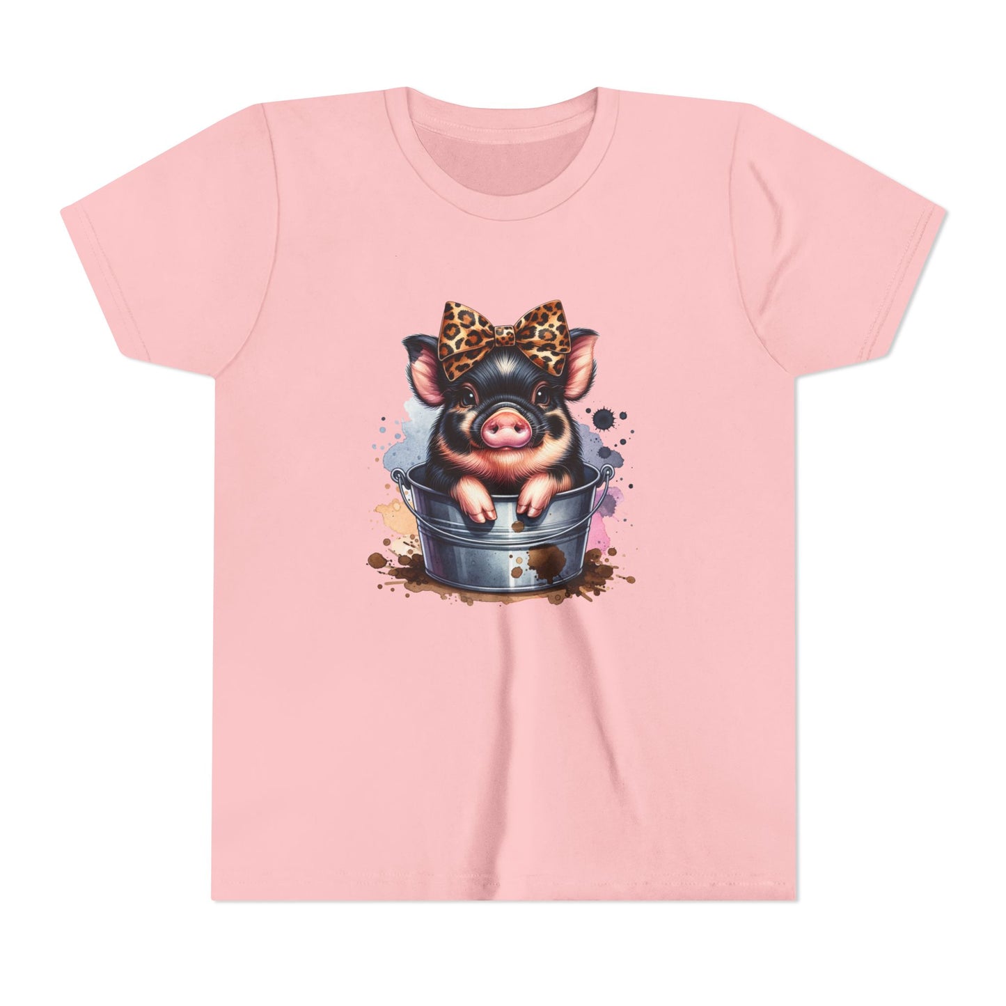 Youth Tee — Cute Pig in Bucket Graphic (Leopard Bow)