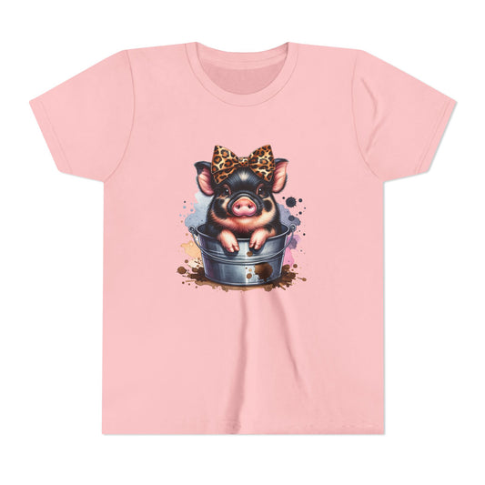 Youth Tee — Cute Pig in Bucket Graphic (Leopard Bow)