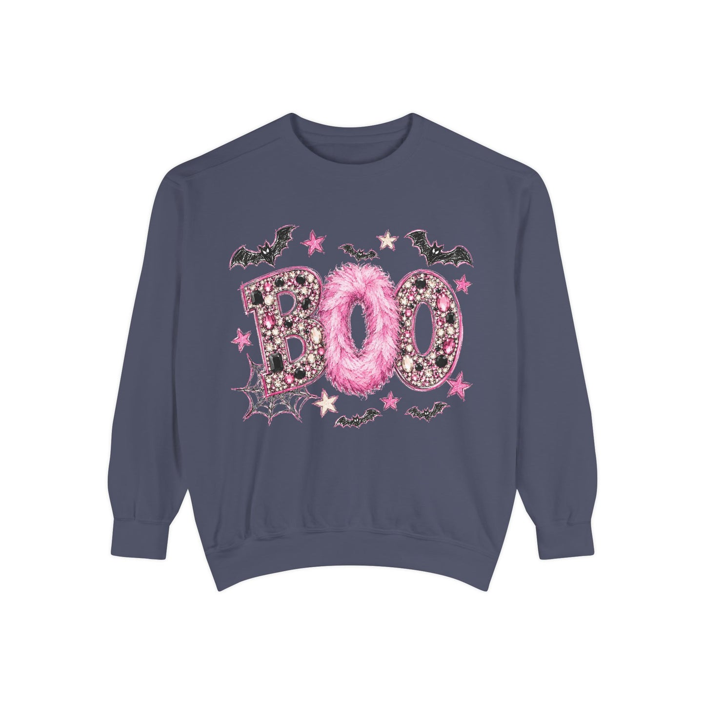 Halloween "BOO" Sweatshirt — Pink Glitter Bat & Spiderweb Graphic