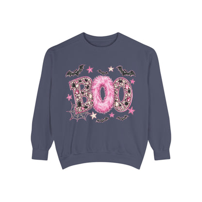 Halloween "BOO" Sweatshirt — Pink Glitter Bat & Spiderweb Graphic