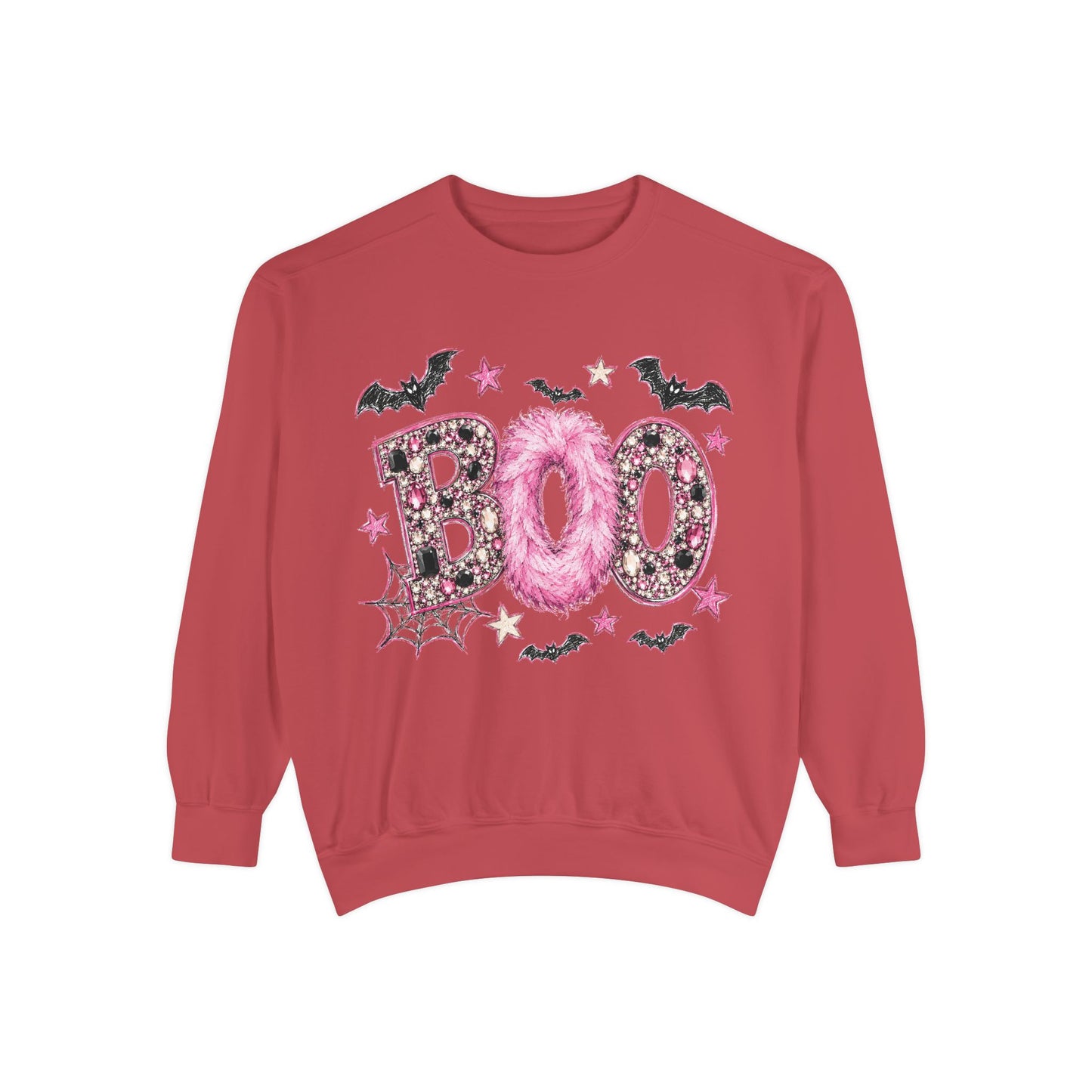 Halloween "BOO" Sweatshirt — Pink Glitter Bat & Spiderweb Graphic