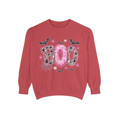 Halloween "BOO" Sweatshirt — Pink Glitter Bat & Spiderweb Graphic