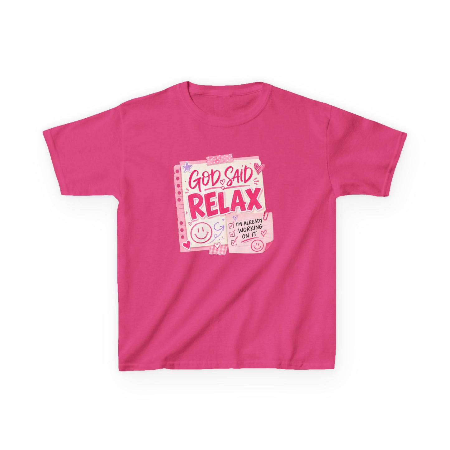 Kids Tee — "God Said Relax" Pink Faith Graphic