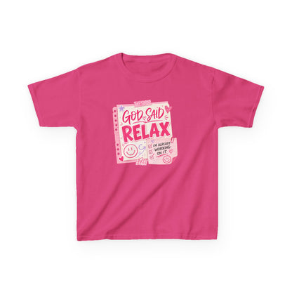 Kids Tee — "God Said Relax" Pink Faith Graphic