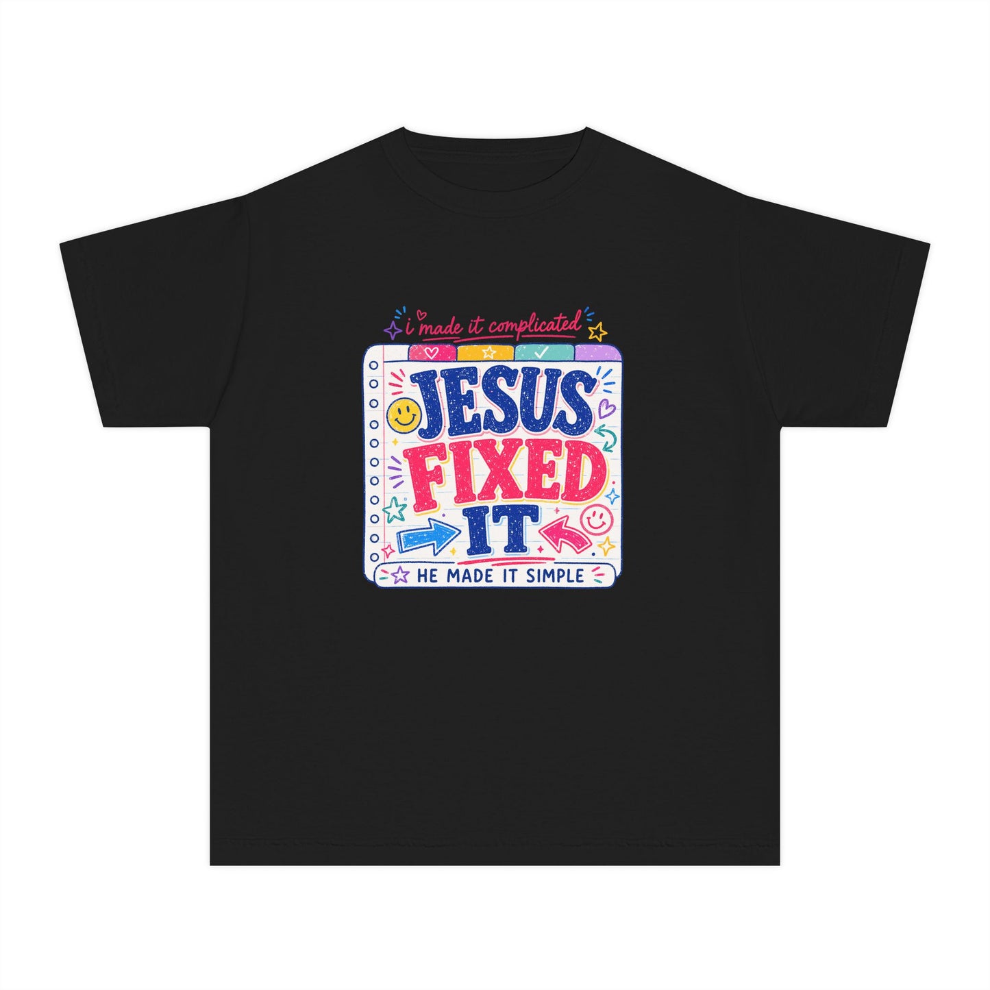 Youth Tee — "Jesus Fixed It" Colorful Faith Graphic