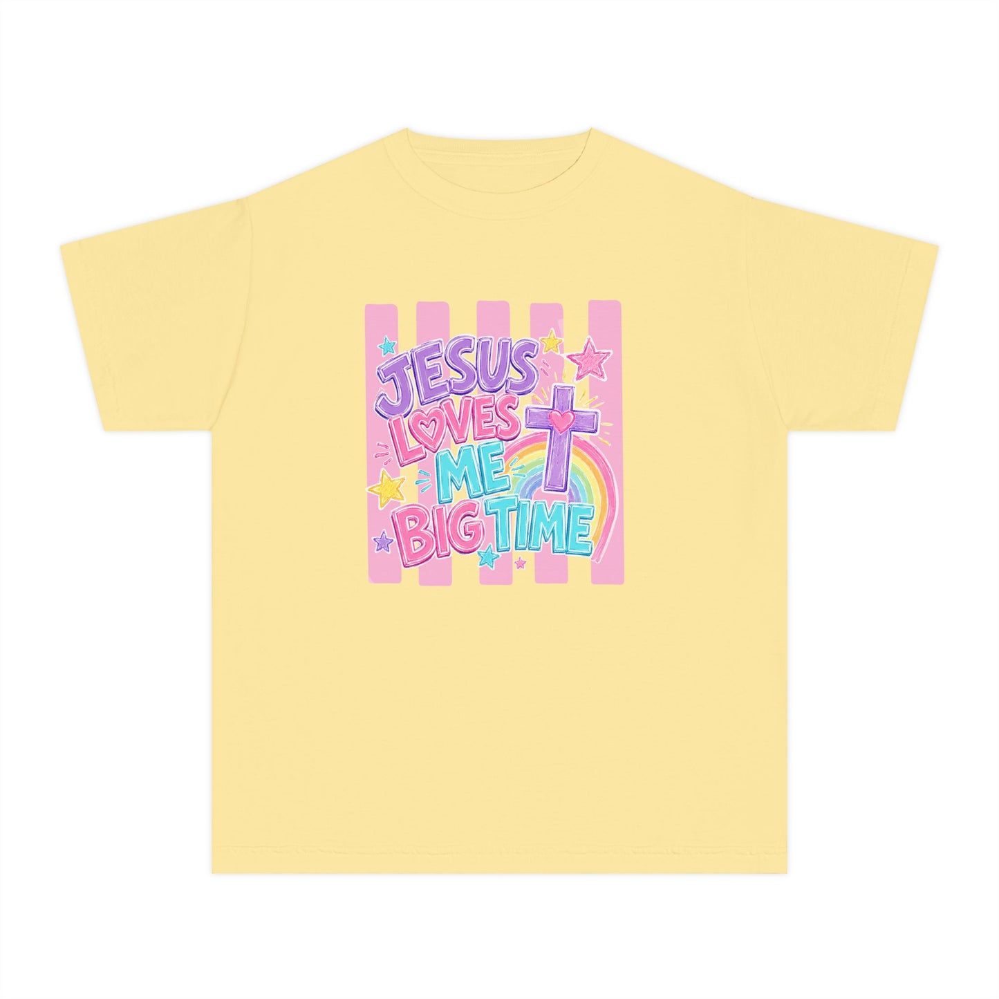 Youth Tee — "Jesus Loves Me Big Time" Pastel Christian Kids Shirt