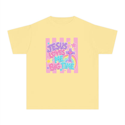 Youth Tee — "Jesus Loves Me Big Time" Pastel Christian Kids Shirt
