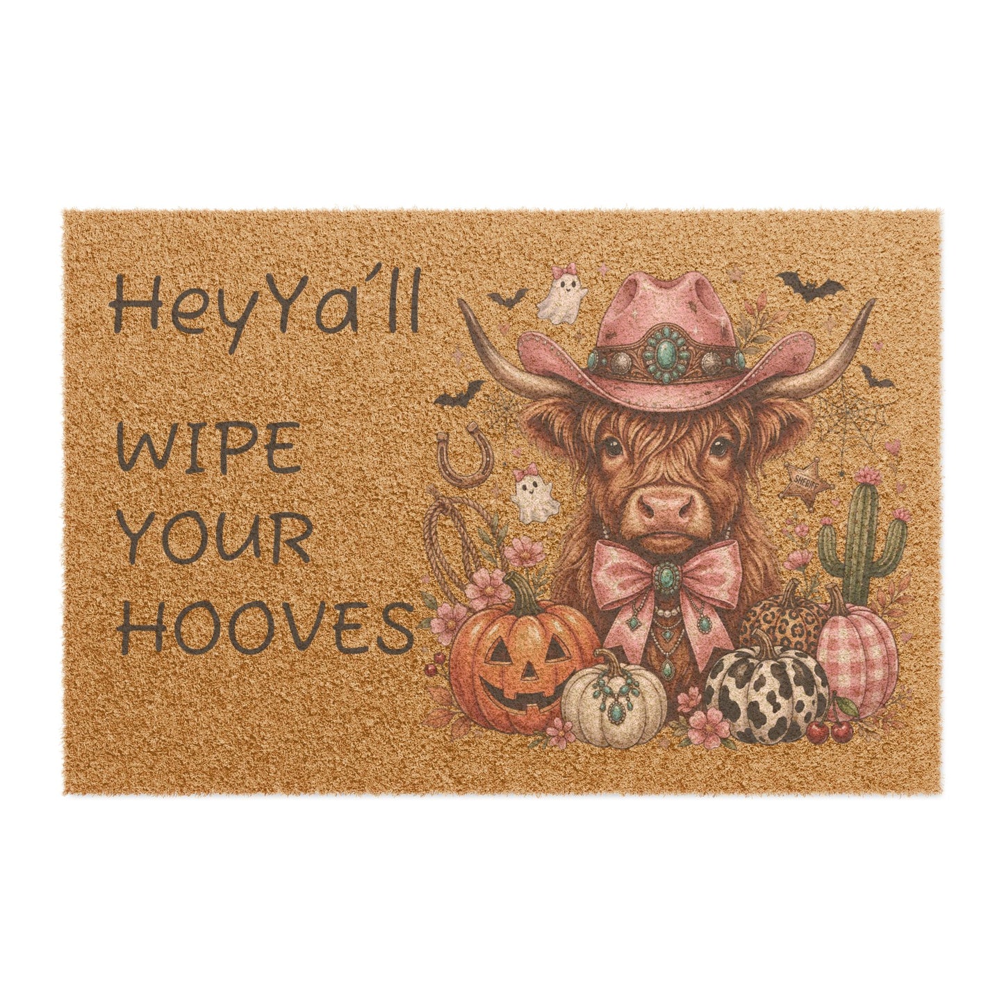 Cowgirl Halloween Doormat — “Hey Y’all Wipe Your Hooves” Welcome Mat