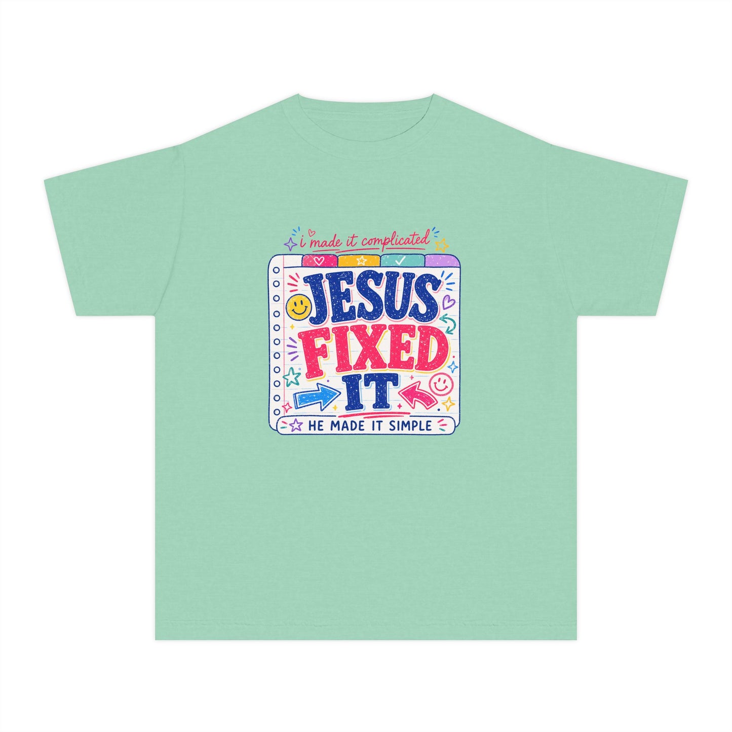 Youth Tee — "Jesus Fixed It" Colorful Faith Graphic