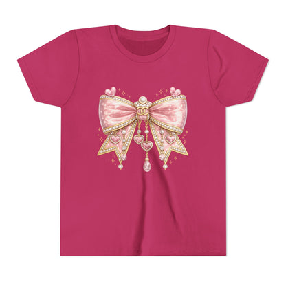 Youth Tee — Pink Jewel Bow Graphic Shirt for Girls, Cute Ribbon Heart Design