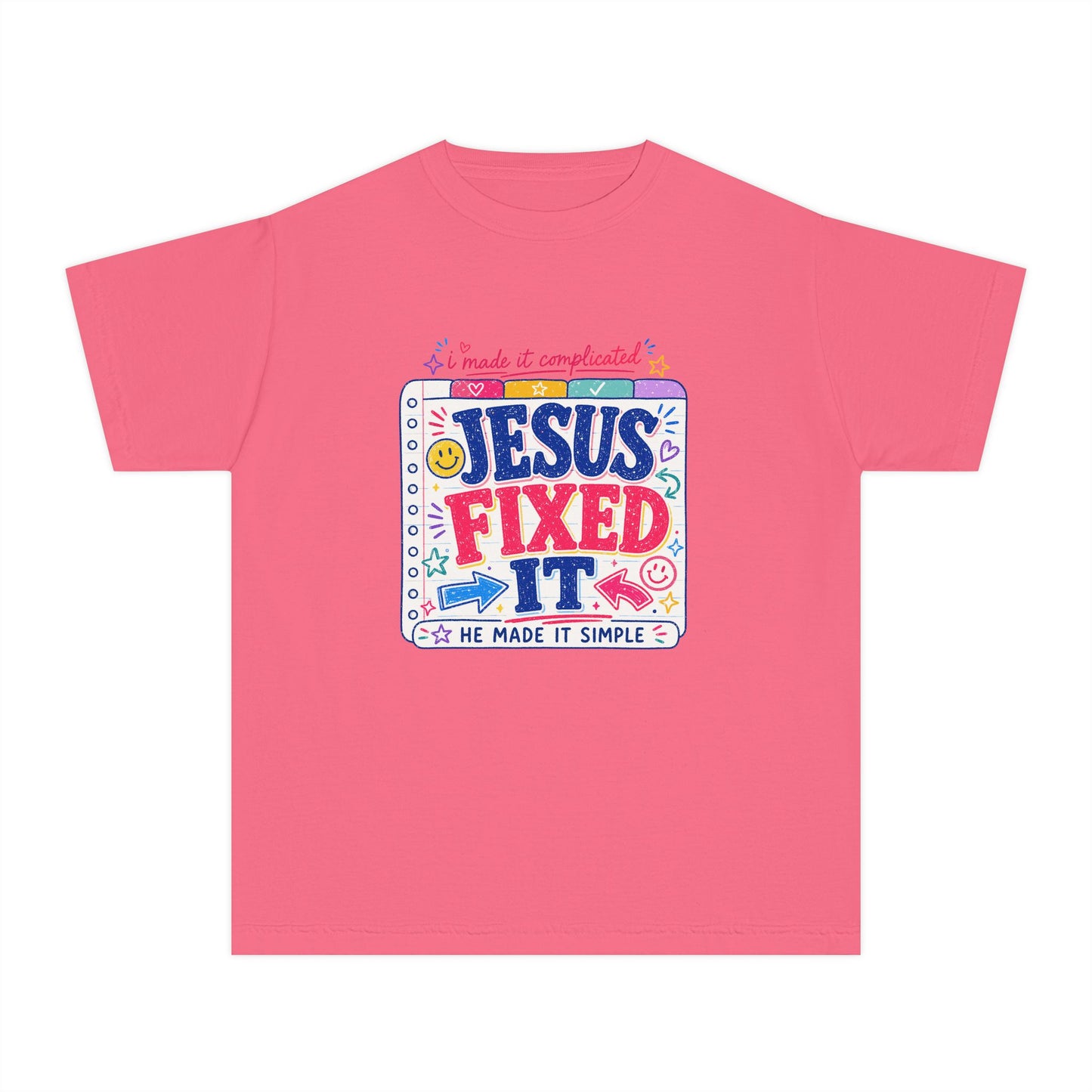 Youth Tee — "Jesus Fixed It" Colorful Faith Graphic