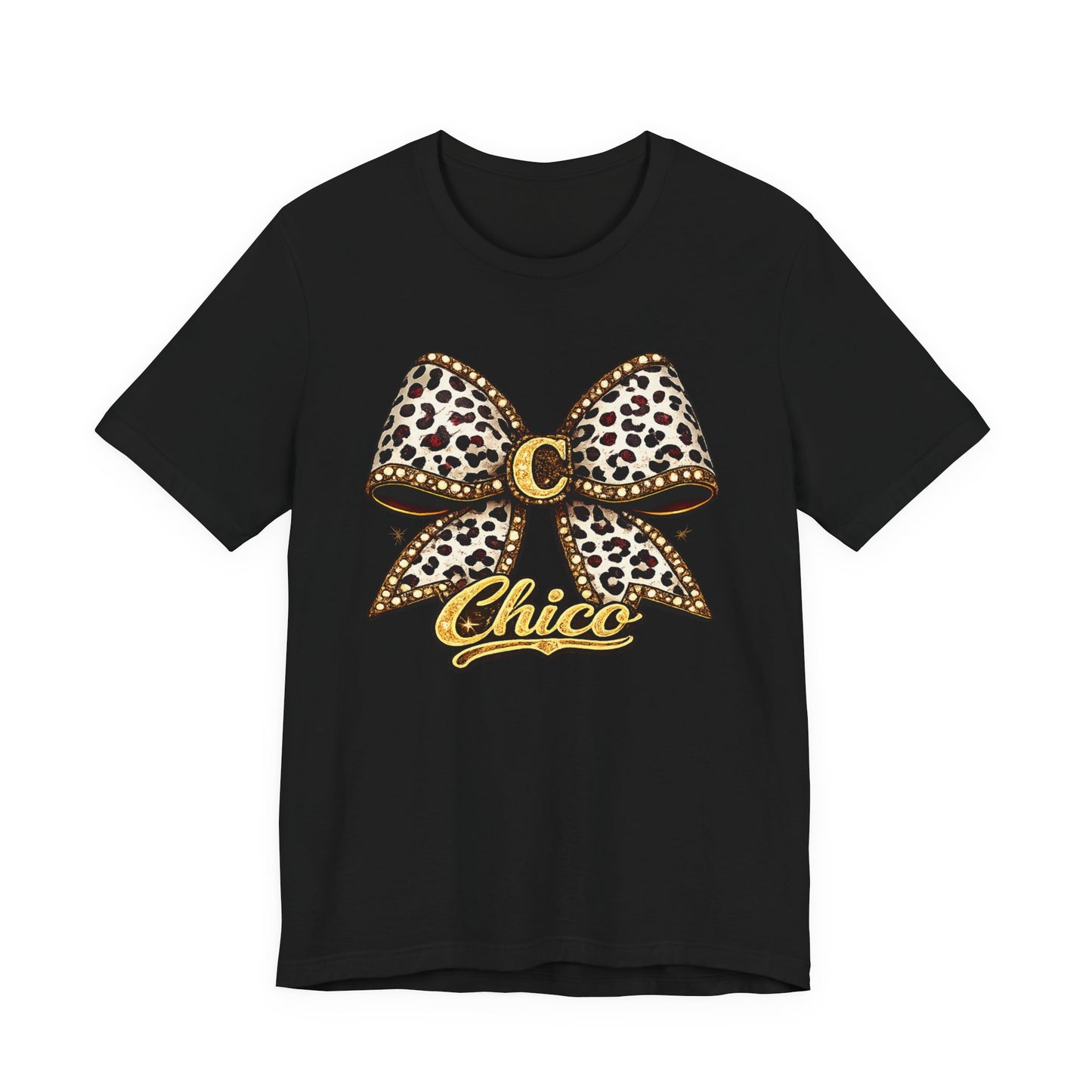 Chic Leopard Bow Graphic Tee — 'Chic' Script Short Sleeve Shirt