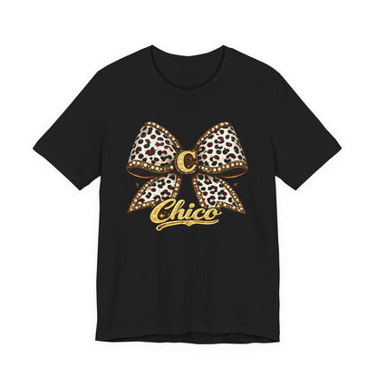 Chic Leopard Bow Graphic Tee — 'Chic' Script Short Sleeve Shirt