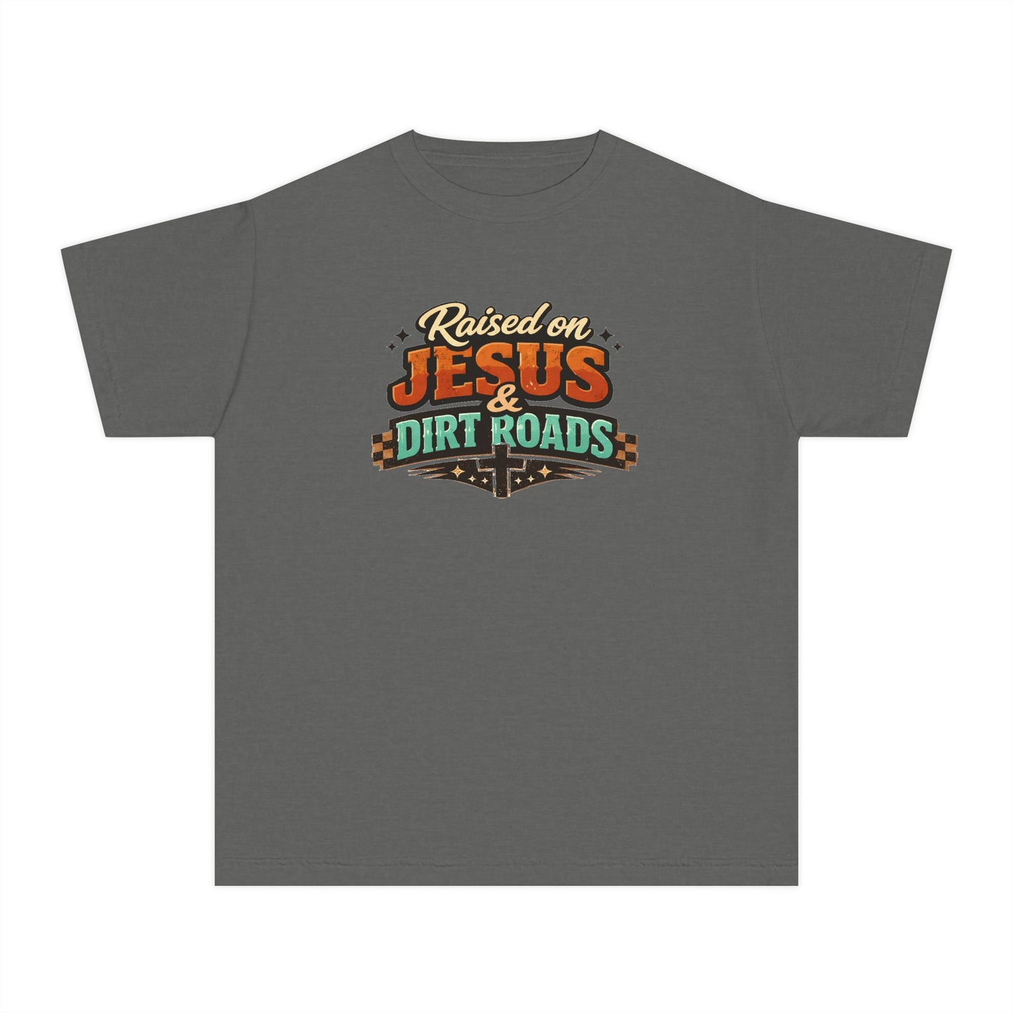 Youth Tee - "Raised on Jesus & Dirt Roads" Christian Country Graphic Shirt