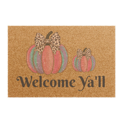 Welcome Y'all Fall Doormat — Leopard Bow Pumpkin Porch Mat