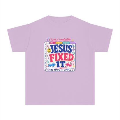 Youth Tee — "Jesus Fixed It" Colorful Faith Graphic