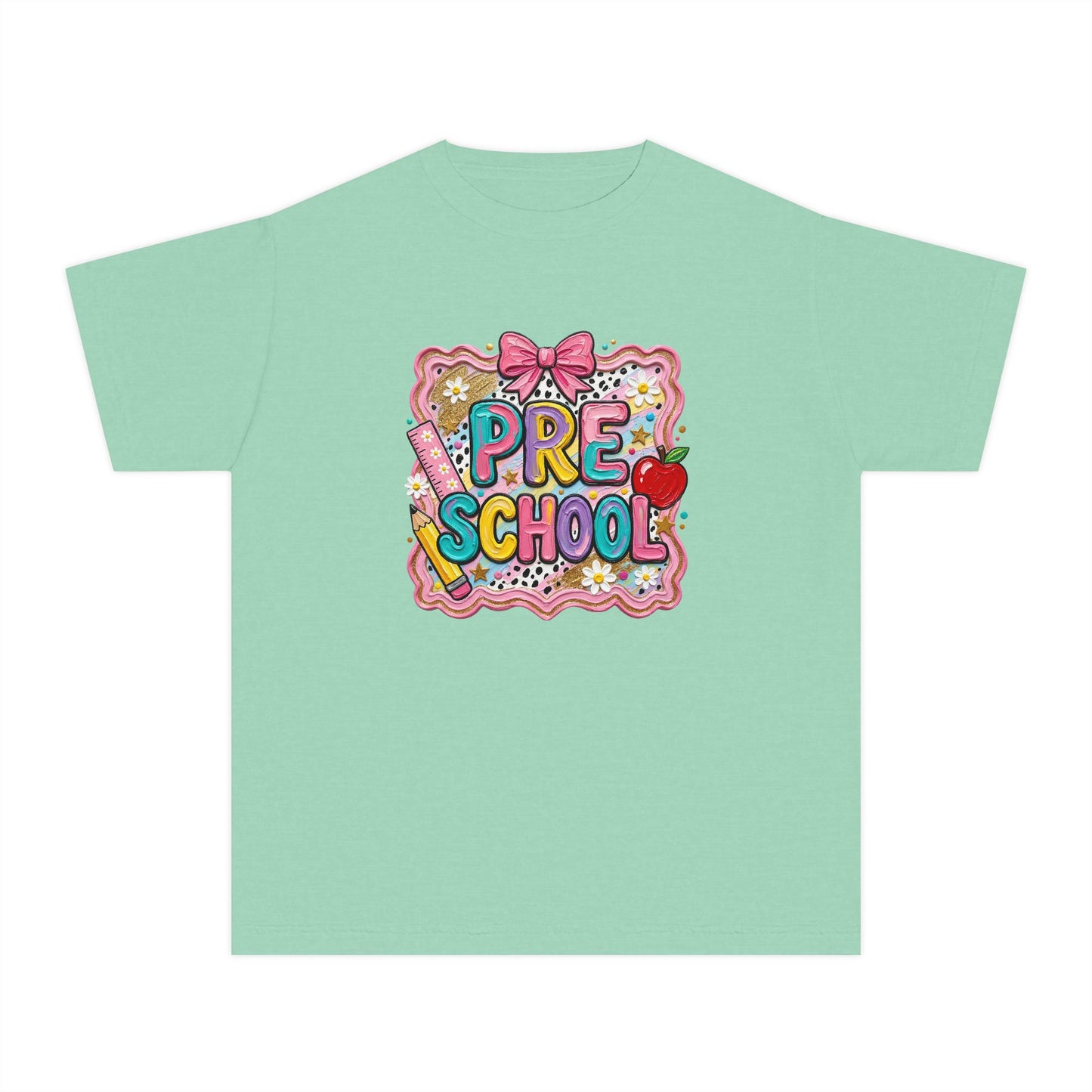 Preschool Cute Patch Kids Tee — 'Pre School' Back-to-School Shirt with Bow & Apple Design
