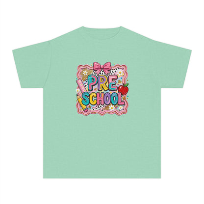 Preschool Cute Patch Kids Tee — 'Pre School' Back-to-School Shirt with Bow & Apple Design