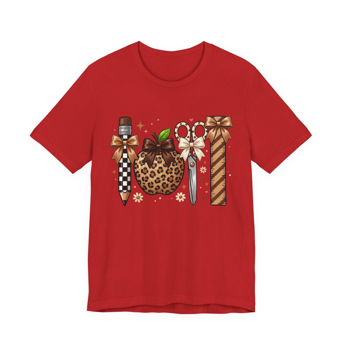 Leopard Apple & School Tools Teacher T‑Shirt — Back to School Graphic Tee
