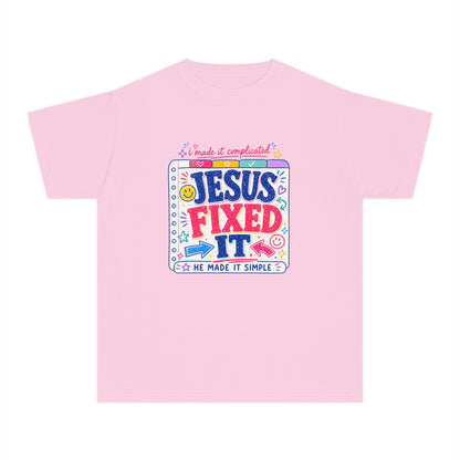 Youth Tee — "Jesus Fixed It" Colorful Faith Graphic