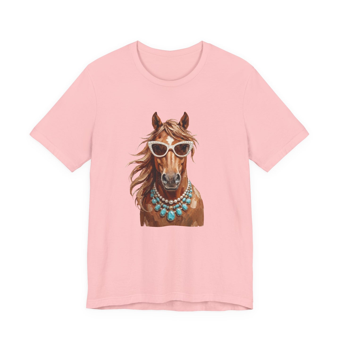 Horse Portrait T‑Shirt — Chic Horse in Sunglasses & Turquoise Necklace