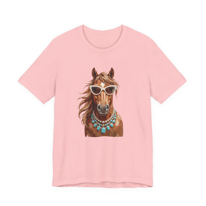 Horse Portrait T‑Shirt — Chic Horse in Sunglasses & Turquoise Necklace
