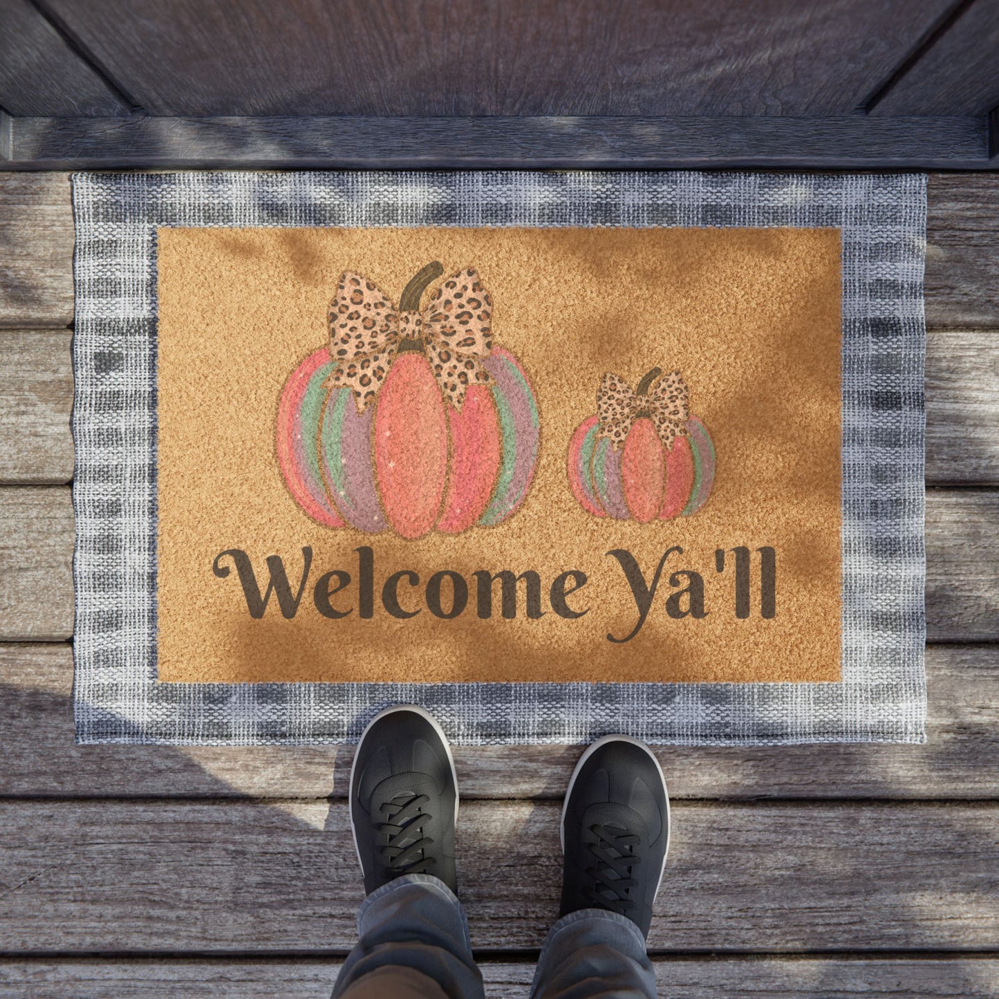 Welcome Y'all Fall Doormat — Leopard Bow Pumpkin Porch Mat
