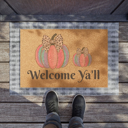 Welcome Y'all Fall Doormat — Leopard Bow Pumpkin Porch Mat