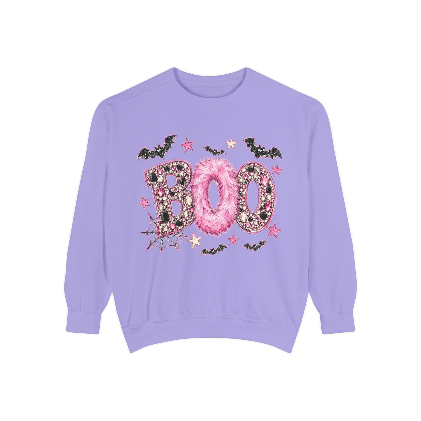 Halloween "BOO" Sweatshirt — Pink Glitter Bat & Spiderweb Graphic