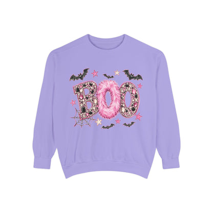 Halloween "BOO" Sweatshirt — Pink Glitter Bat & Spiderweb Graphic