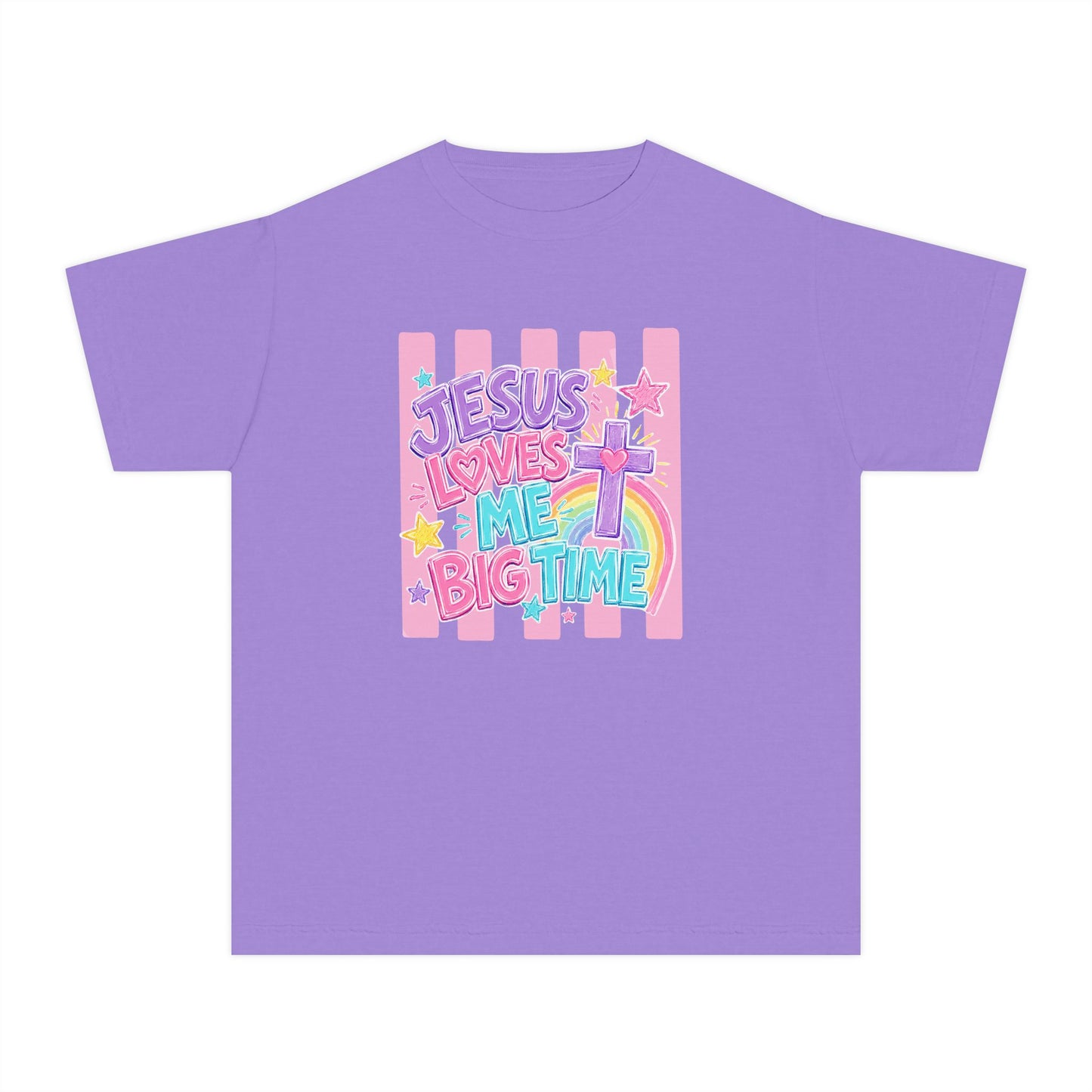 Youth Tee — "Jesus Loves Me Big Time" Pastel Christian Kids Shirt