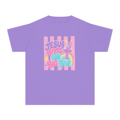 Youth Tee — "Jesus Loves Me Big Time" Pastel Christian Kids Shirt