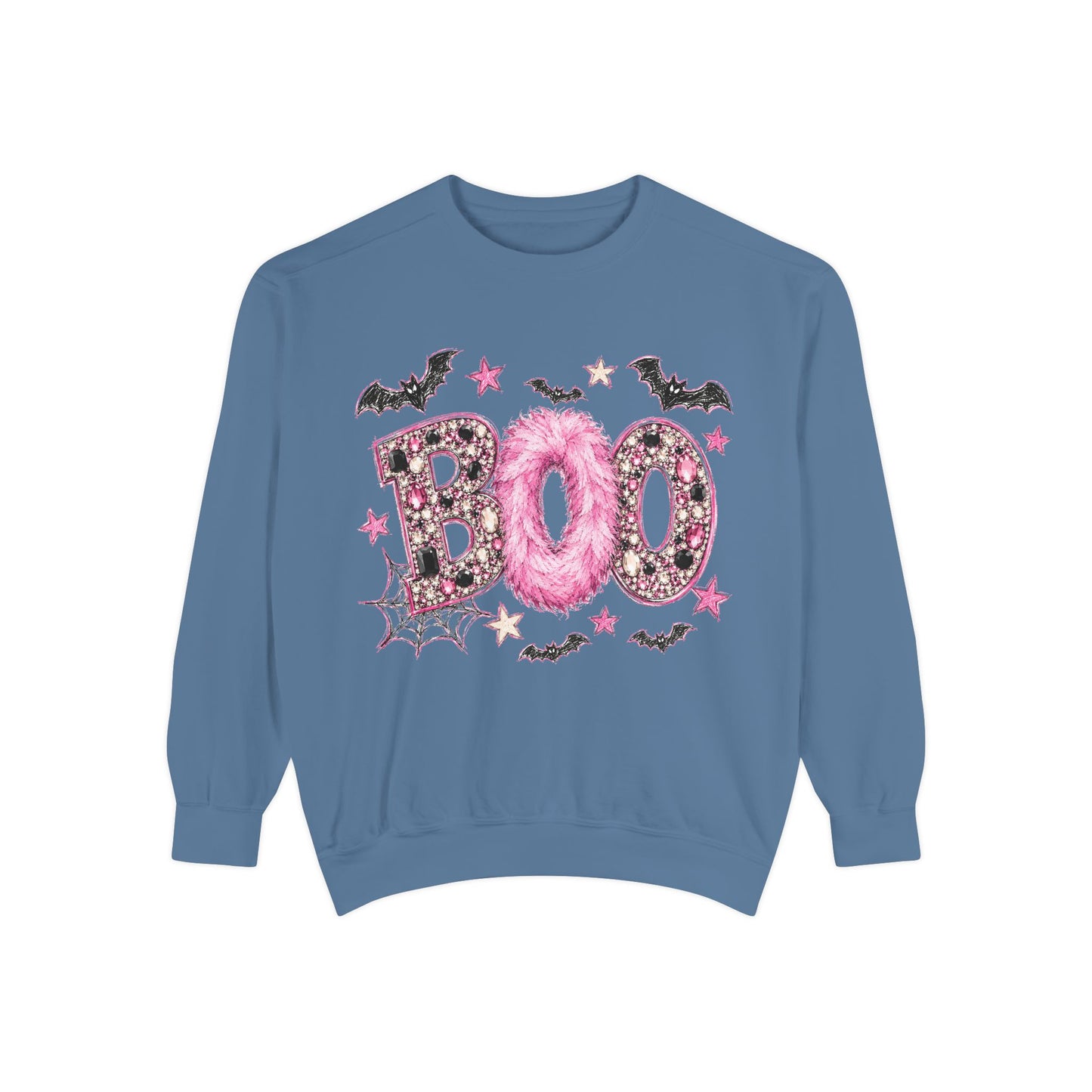 Halloween "BOO" Sweatshirt — Pink Glitter Bat & Spiderweb Graphic