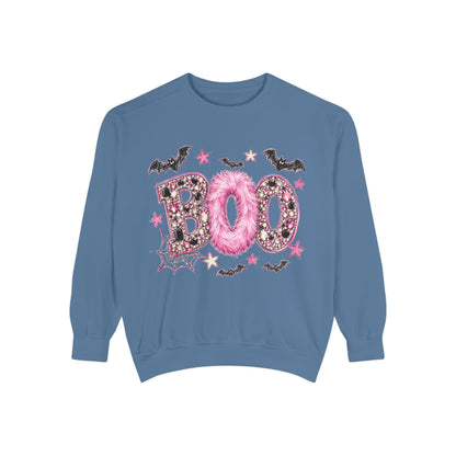 Halloween "BOO" Sweatshirt — Pink Glitter Bat & Spiderweb Graphic