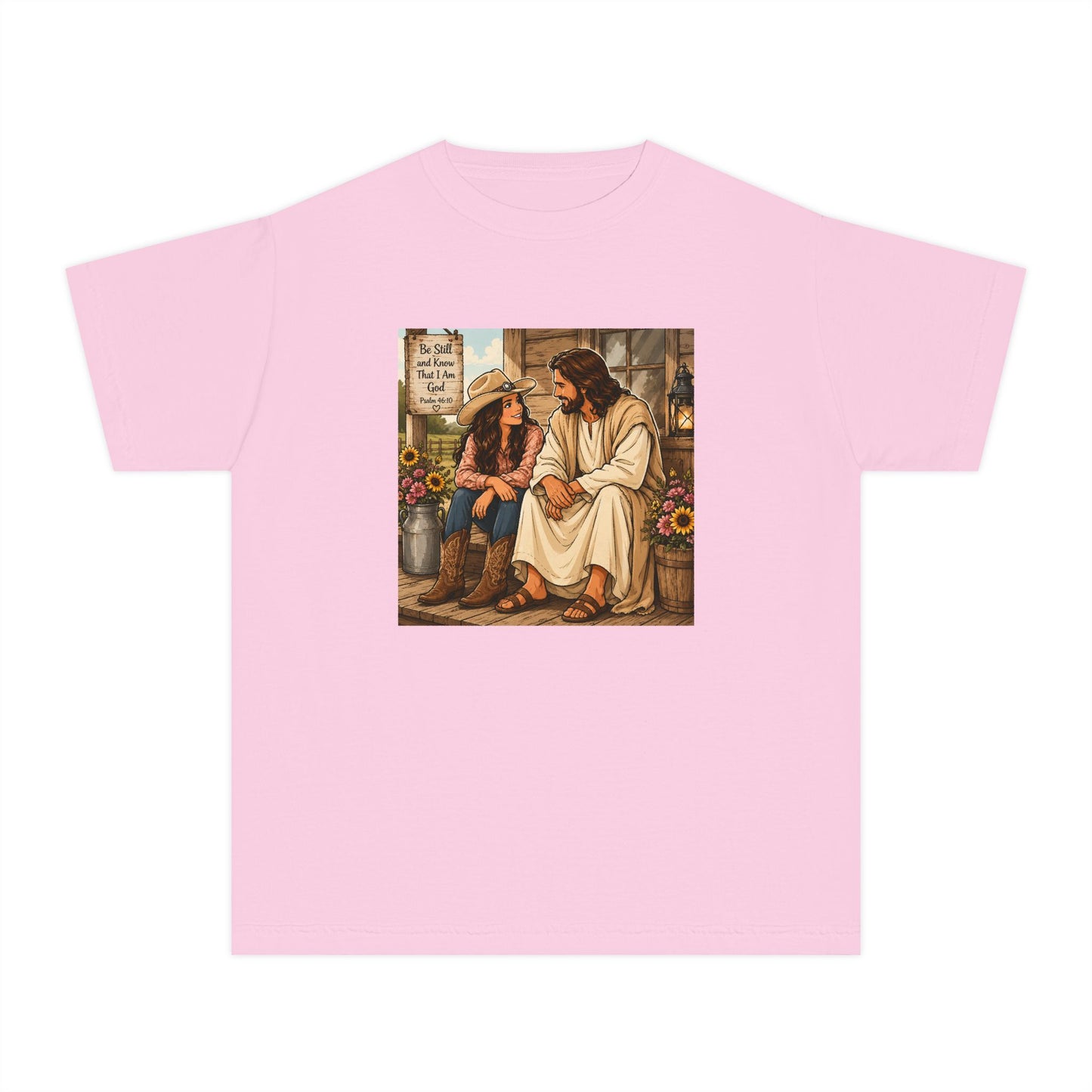Youth Tee — Jesus Sitting With Girl Faith Graphic T-Shirt