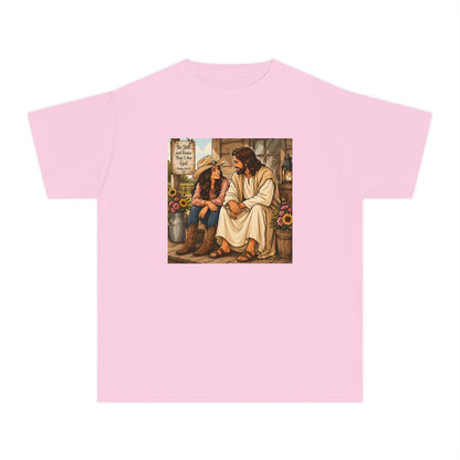 Youth Tee — Jesus Sitting With Girl Faith Graphic T-Shirt
