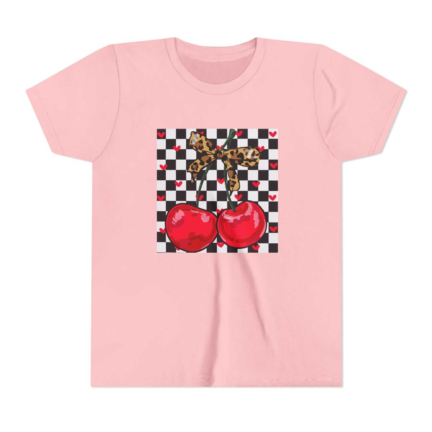 Youth Tee — Checkerboard Cherries Graphic Tee (Leopard Bow)