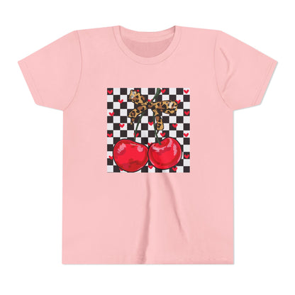 Youth Tee — Checkerboard Cherries Graphic Tee (Leopard Bow)