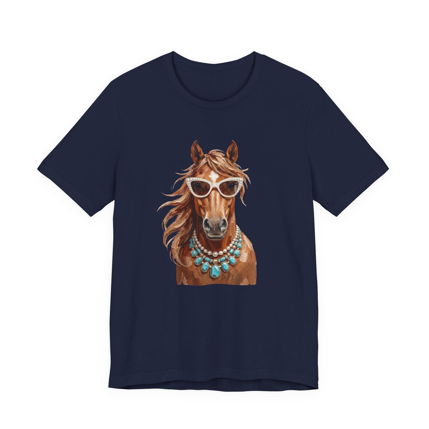 Horse Portrait T‑Shirt — Chic Horse in Sunglasses & Turquoise Necklace