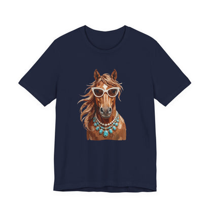 Horse Portrait T‑Shirt — Chic Horse in Sunglasses & Turquoise Necklace