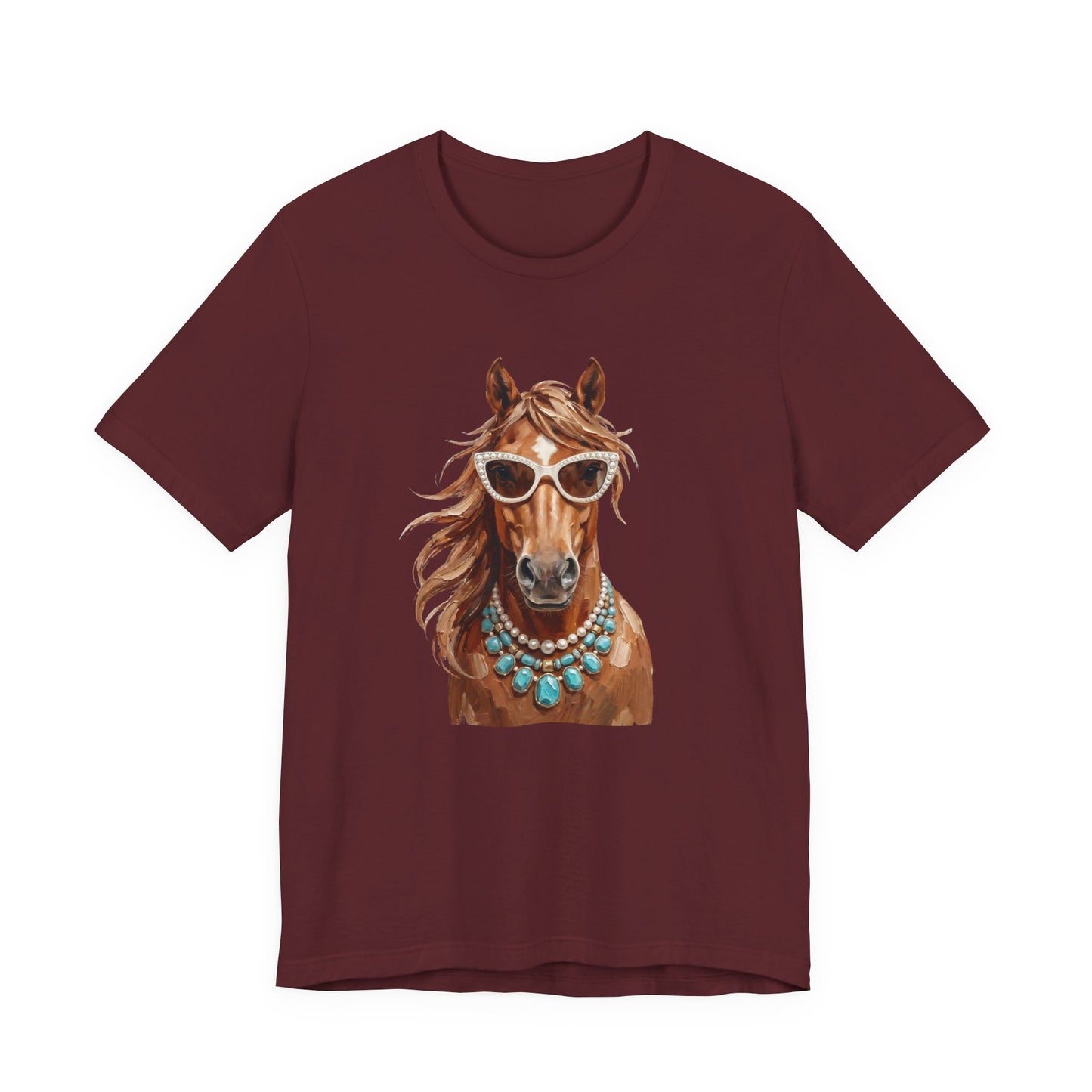 Horse Portrait T‑Shirt — Chic Horse in Sunglasses & Turquoise Necklace