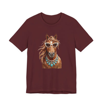 Horse Portrait T‑Shirt — Chic Horse in Sunglasses & Turquoise Necklace