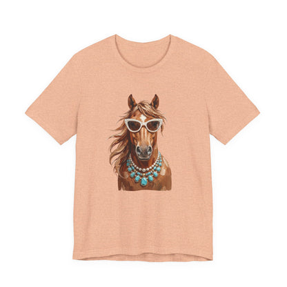 Horse Portrait T‑Shirt — Chic Horse in Sunglasses & Turquoise Necklace