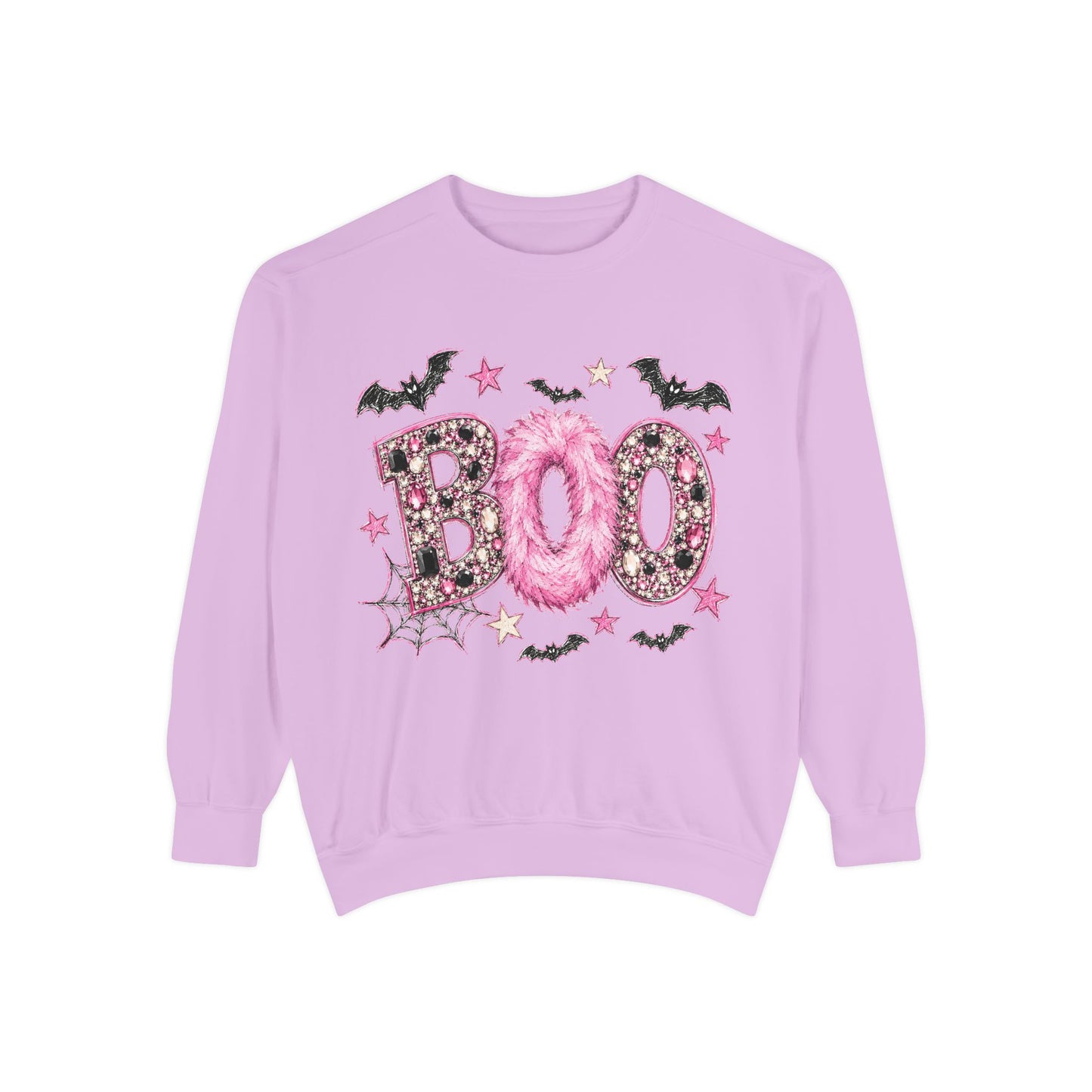 Halloween "BOO" Sweatshirt — Pink Glitter Bat & Spiderweb Graphic
